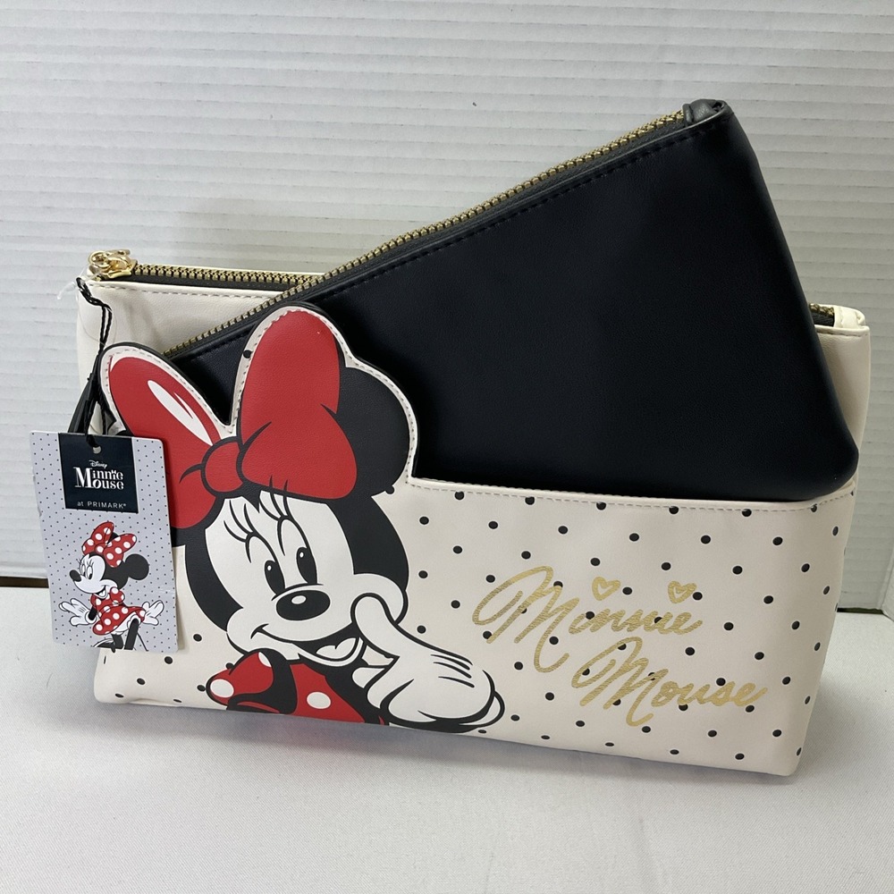 Disney Primark Minnie Mouse Cream And Black‎ Polka Dot 2 in 1 Makeup Bag Set